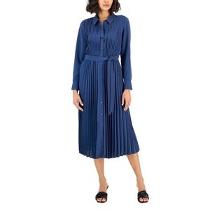 Alfani Pleated w Pockets, Belted Button Sea Blue Midi Shirt Dress,